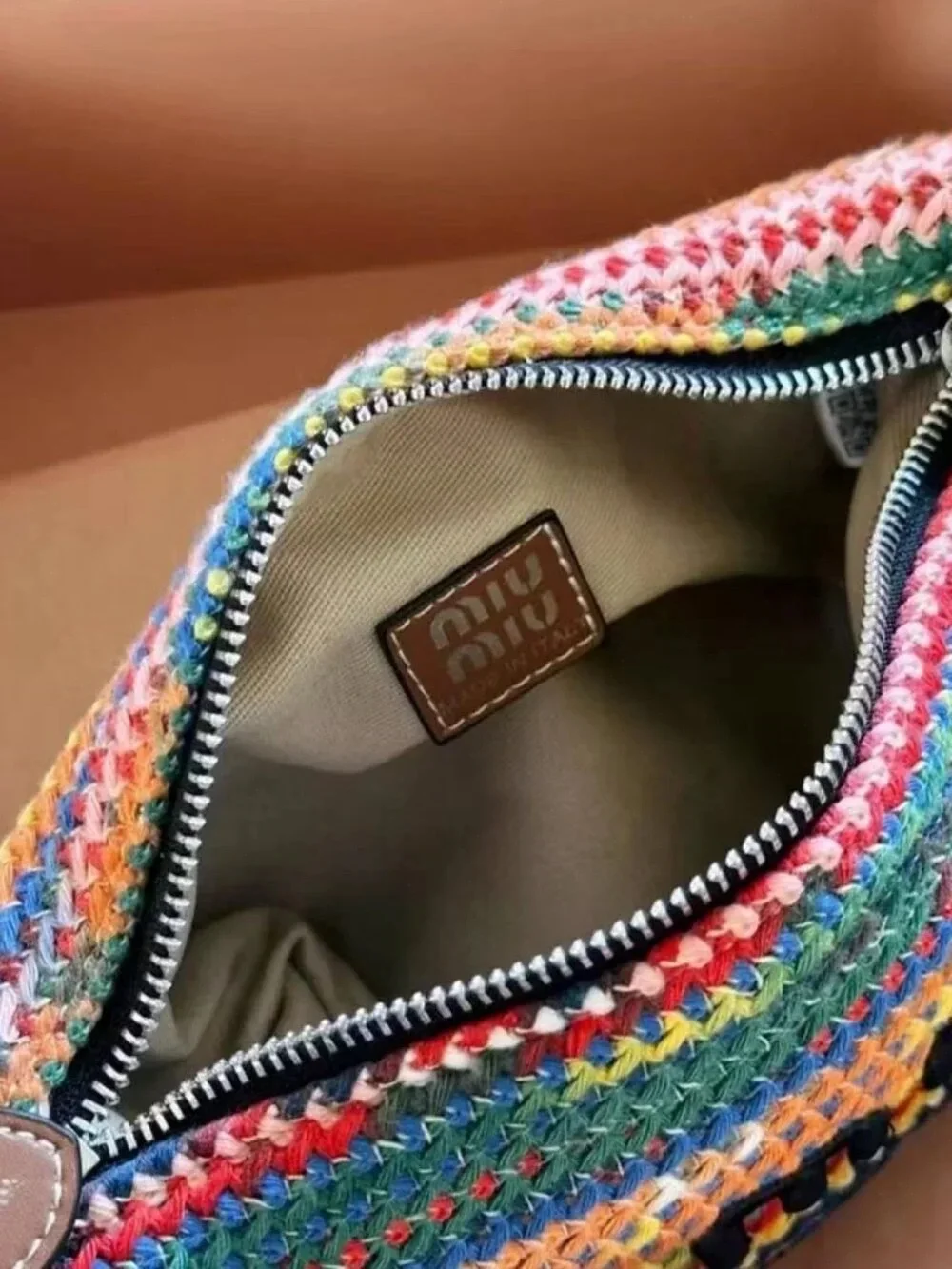 Miu Miu Multicolor Crocheted Shoulder Bag with Black Logo